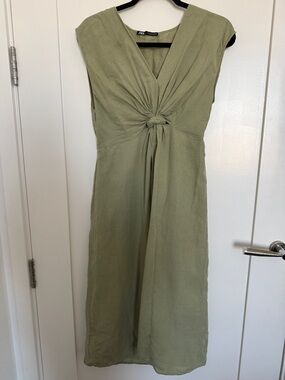 Sleeveless Olive Green Knot-Front Midi Dress